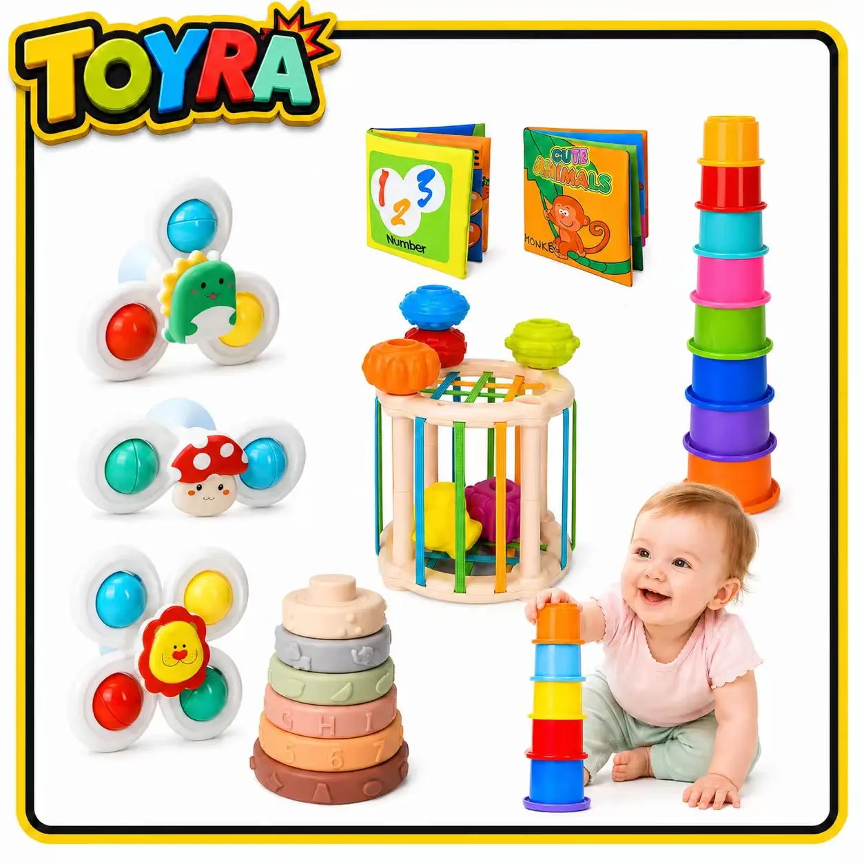 Baby Toys 6 to 36 Months, 26pcs Toy Set including Identification Cloth Book and 6 in 1 Stacking Blocks, Infant Gifts Play Set for Kids Sensory Learning Activity, Infant Bath Time Fun for 1-4 Year Old, Early Learning Toys, Interactive Toy Set, perfect Birt