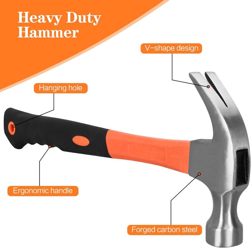 8/16/24oz Straight Rip Fiberglass General Purpose Claw Hammer, with Smooth Face & Non-slip Grip