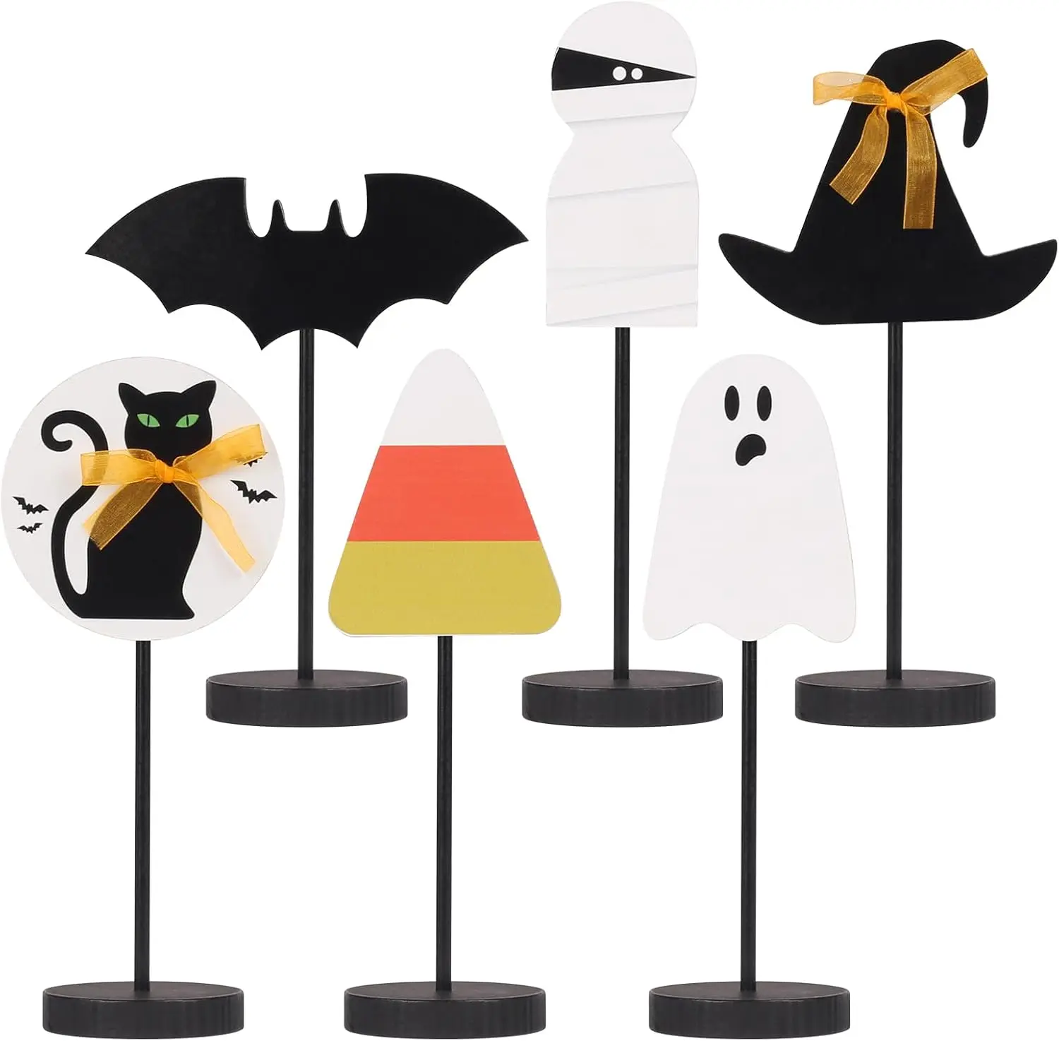 Halloween Decorations, 6PCS Wooden Sign Tabletop Centerpieces Decorations Include Ghost/Bat/Black Cat/Witch Hat, for Home Farmhouse Indoor Party Decor.