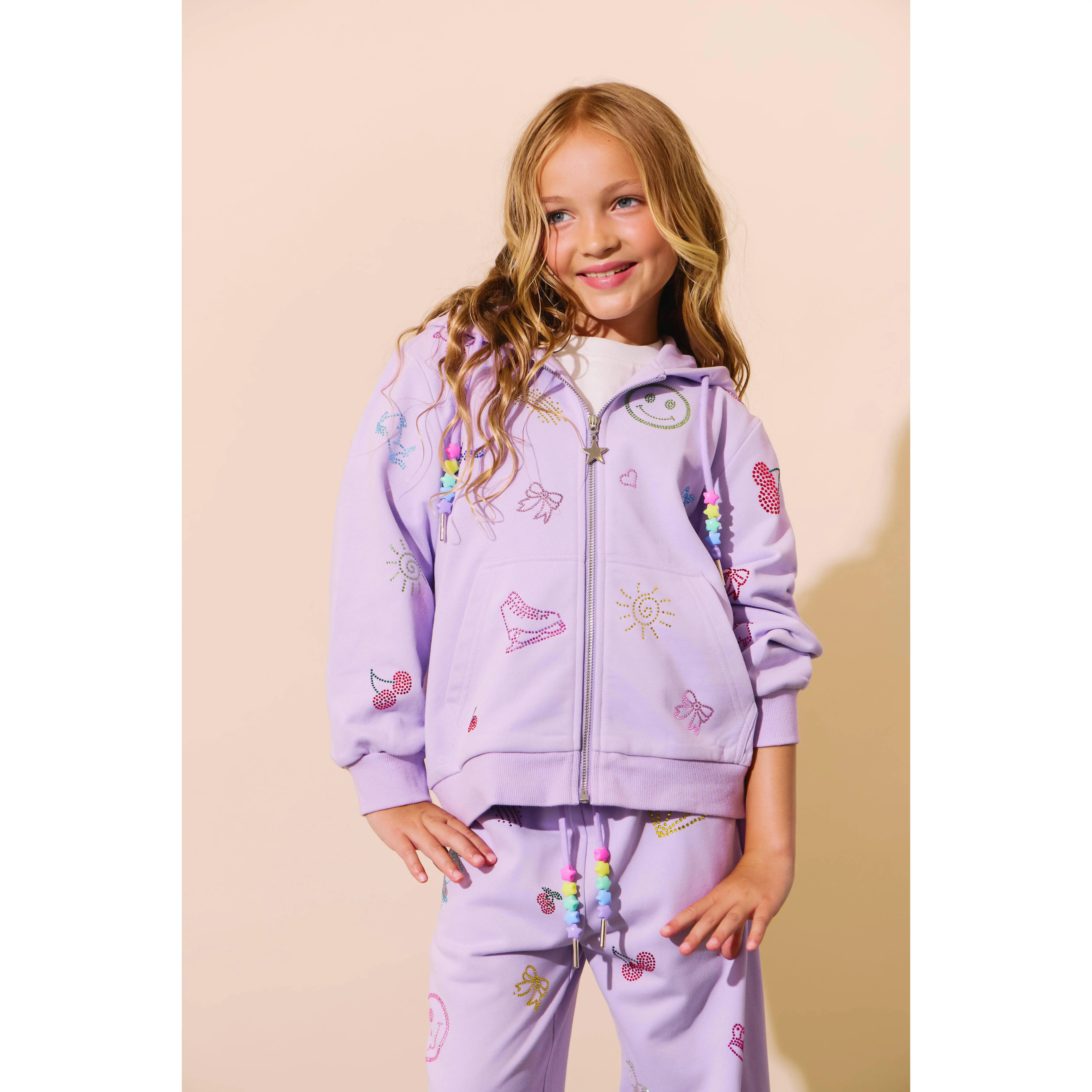 Women's Casual Lavender Crystal Doodle Cotton Drawstring Comfortable Joggers Clothes Set