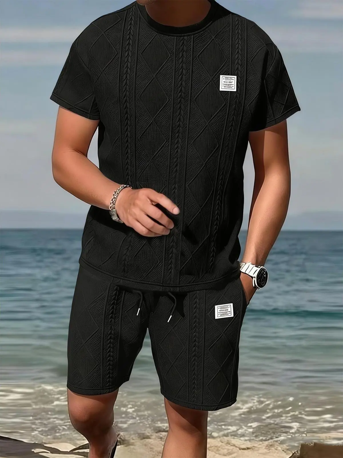 Men's Summer 2-Piece Casual Sports Suit, Jacquard Texture Breathable Crewneck Short-Sleeve T-Shirt & Shorts, Casual Fashion Set for Daily Leisure Running, TikTok Shop Deals Gifts for Him