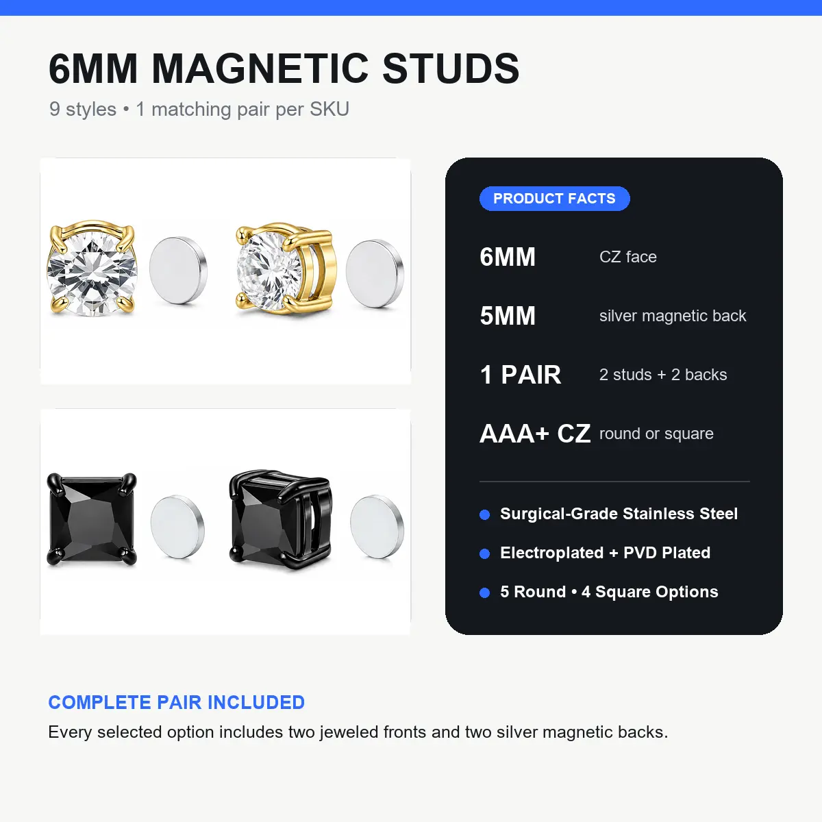 Magnetic Clip-On Earrings, No Piercing Required, Medical-Grade Stainless Steel, Hypoallergenic, AAA+ CZ Cubic Zirconia, Non-Pierced Ear Jewelry, Unisex Casual Earring Set for Everyday Wear