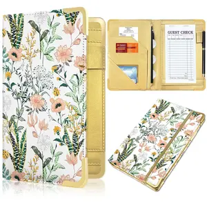 Server Book, Painted Server Books for Waitress, Durable Leather Waitess Book with Zipper Pocket,Server Manual Checkbook Fits Server Apron (Flower and Grass, 5in*8in)