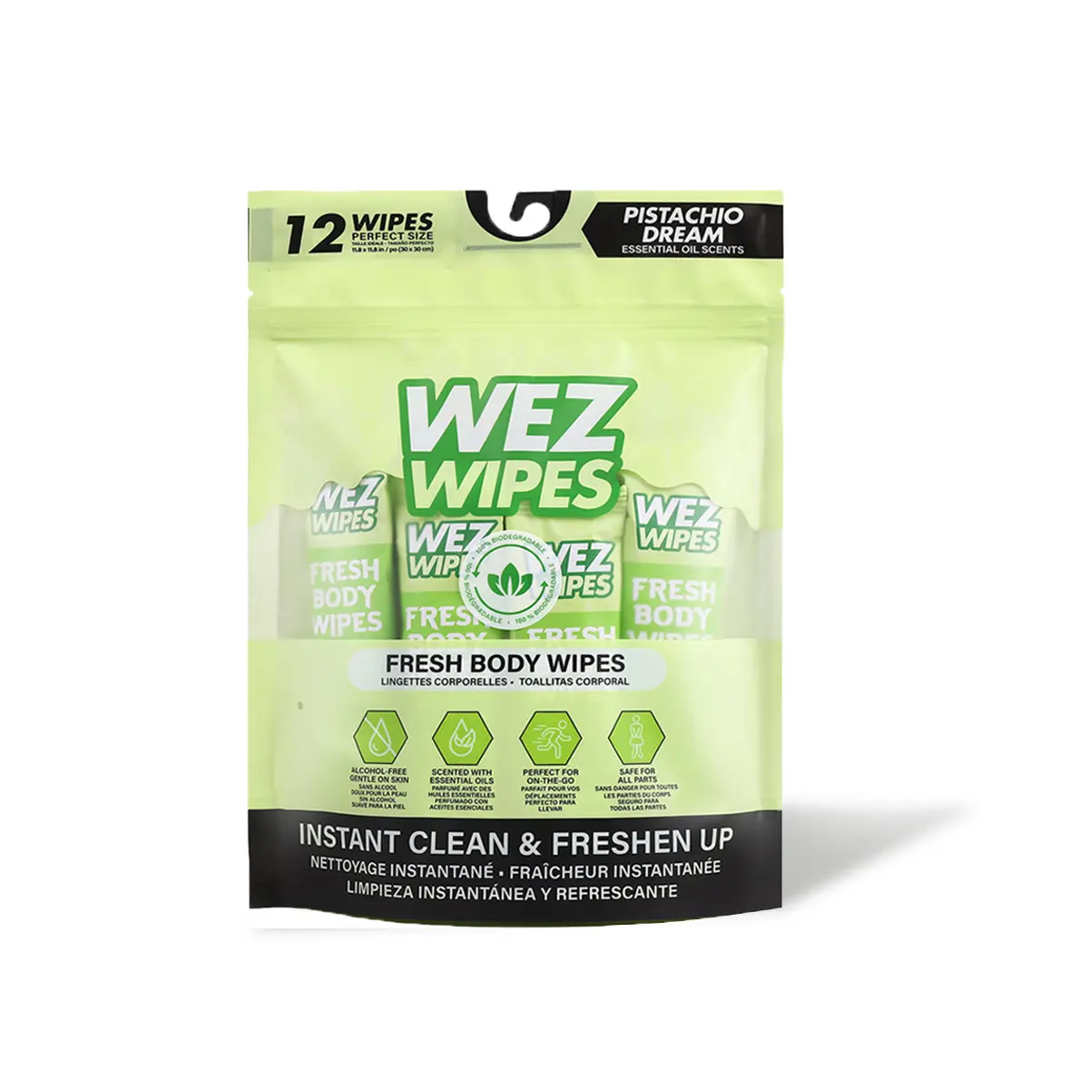 WEZ WIPES Pistachio Dream Fresh Extra Large Body Wipes | 12 Alcohol-Free Biodegradable Body Cleansing Wipes with Essential Oil Scent | No Rinse Bath Wipes for Gym, Travel, Camping & On-the-Go