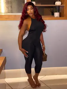 Women's Plain Round Neck Halter Tie Backless Top & Fitted Jumpsuit Outfit, Elegant Chic Aesthetic Fashion Simple Design, Suitable for Daily Wear,  Commute