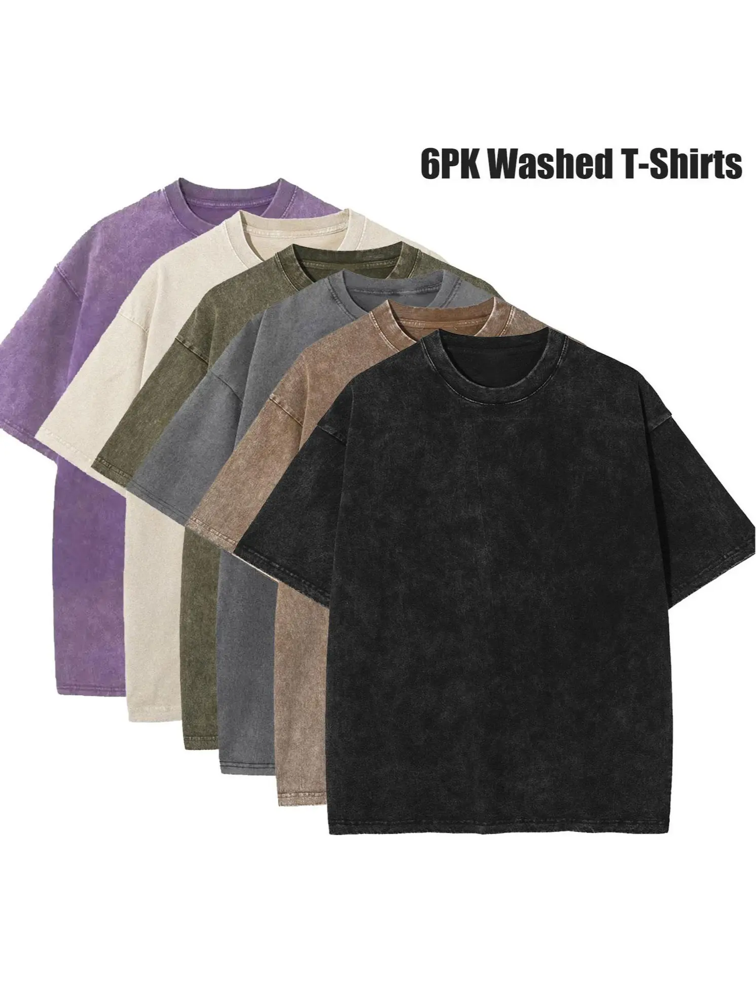 Men's Vintage Wash T-Shirts 6 Pack, Heavyweight 100% Pure Cotton Tops, Solid Color Oversized Fit for Daily Wear, Round Neck