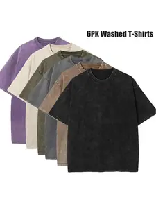 Men's 6 Pack Vintage Wash T-Shirts, Soft Heavyweight Cotton Tee, Oversized Solid Retro Tops for Casual Streetwear