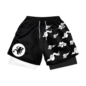 Men’s Anime 2 in 1 Gym Shorts – Compression Liner Workout Training Shorts, Otaku Fitness Wear Athletic Running Basketball Shorts, Anime Gift for Him or Her