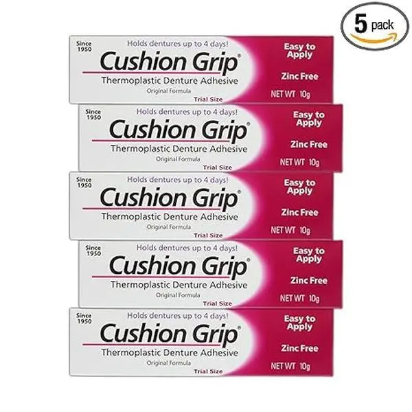 Cushion Grip Thermoplastic Denture Adhesive, 0.35 oz Travel Size | Refits and Tightens Loose Dentures On The Go | Non-Glue Adhesive, Acts Like a Soft Reliner (Pack of 5)