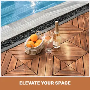 10 PCS Interlocking Deck Tiles Diagonal Pattern, 12" x 12" Acacia Wood Tiles For Patio, Waterproof, All-Weather, Outdoor Decking For Garden, Pool, Balcony