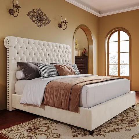 AMERLIFE 52.8" High Bed Frame with Sleigh Headboard, Modern Velvet Upholstered Platform Bed with Deep Button Tufted Headboard/Studded Trim, Queen/King Size/Unique Bedroom Furniture/Best Gift Ideas/Christmas Gifts[TikTokShopFallDealsForYou]
