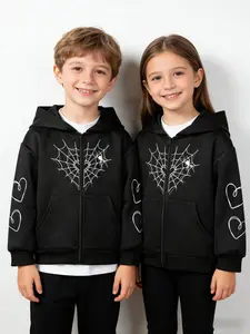 Boys Girls Spring Autumn Hooded Zipper Cardigan Sweater Spider Web Heart Sweet Cool Casual Top Ages 1-8