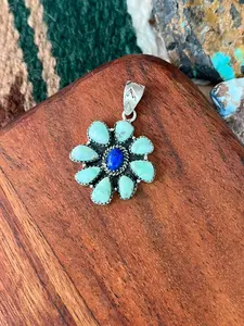 Handmade Sterling Silver Paloma Turquoise with Lapis Pendant "Signed Nizhoni"