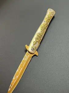 Luxury EDC utility knife, Gold rose carving folding pocket knife, Stainless steel blade and handle, Portable camping tool, fishing, kitchen, peeling, nice gift