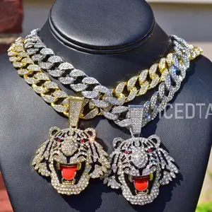 Full Iced Bling Out Large Tiger Head Pendant, 18" Cuban Gold Plated Necklace Chain Set