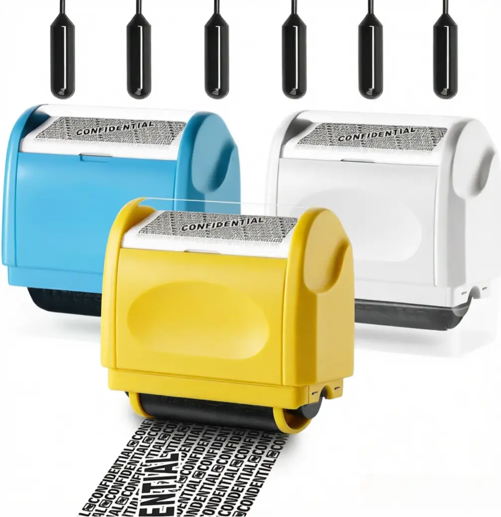 Identity Protection Roller Stamp Identity Theft, Confidential, Privacy Roller Stamp Information Blocker and 6 Pack Refill Ink for ID Account Data Address Security (White/Yellow/Blue)