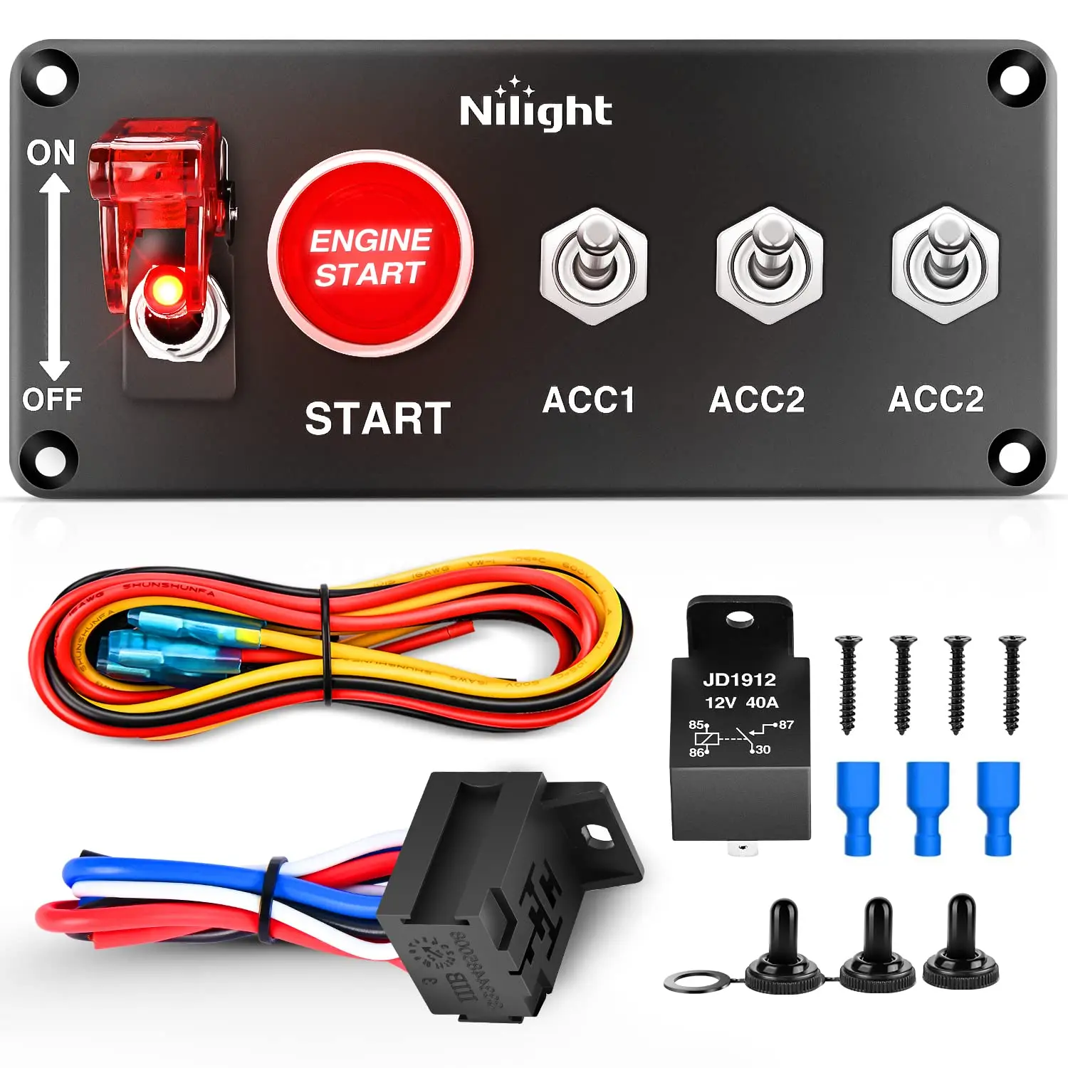 Nilight 12V 5-in-1 Carbon Fiber-Metal Ignition Rocker Switch Panel with Engine Push Button Toggle Switches, Relay Wiring Harness, Relay Harness & LED for Racing Cars, Yachts, Caravans