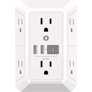 Outlet Extender Surge Protector -  6 Outlet Splitter with 4 USB Ports(2 USB-C), Multi Plug Wall Outlet 1680J Power Strip for Home Office Dorm Room Essentials, ETL, White