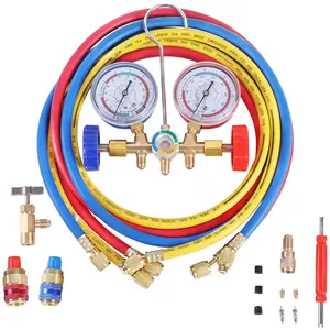 AC Manifold Diagnostic Gauge Set for HVAC R134a, R404a, Freon with 5FT Hose, Quick Couplers, and Core Tool Kit