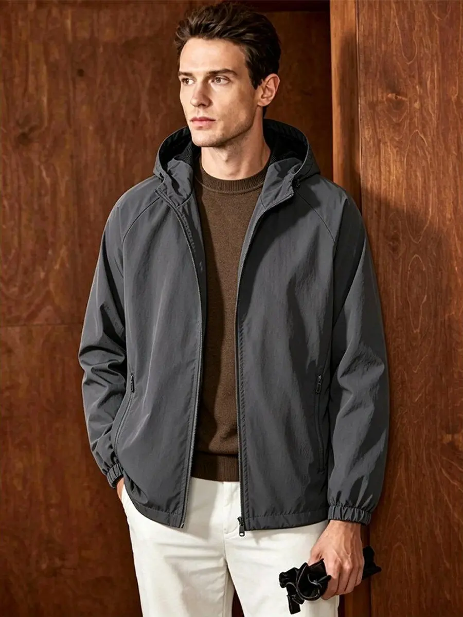 Men’s Lightweight Windproof Hooded V-Neck Plain Raglan Long-Sleeve Coat - Menswear Tops with Zipper, Inner Pocket - Casual Basics Street Outdoors Outerwear for Spring-Autumn Outings, Business Commuting, Coats