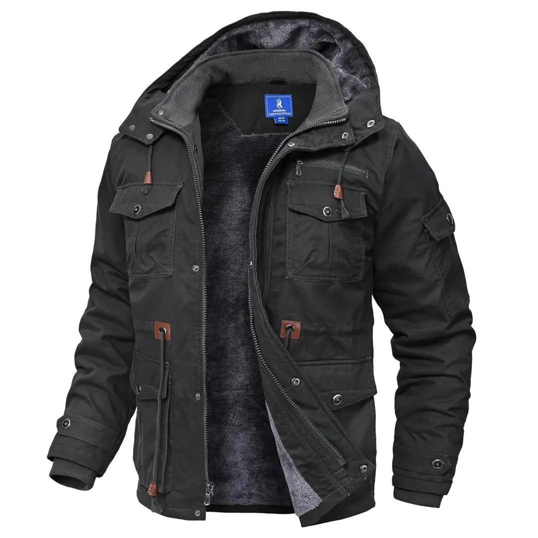 Zoofly Men's Minimalist Thick Plush Cotton Winter Cargo Coat - 2-Layer Fleece-Lined Regular Fit Jacket, Multiple Functional Pockets, Tidy Hem for Outdoor Use, Strong Outerwear, Minimalist Coats