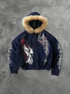 Men's Fleece-Lined Open Front Hoodie with Gothic Print, Casual Fashion Pullover for Daily Wear, Comfortable and Stylish Sweatshirt