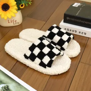 Open Toe Plaid Checkered Slippers For Women Ultra Soft Fluffy Fuzzy Cozy Comfy Non-Slip Indoor Outdoor Winter House Slides Slip On Comfort House Bedroom