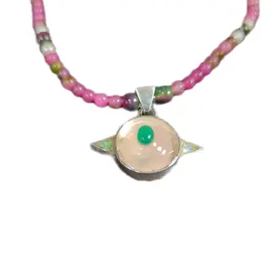 I of Anu - Salmon Pink & Apple Green Necklace with 20 Pearls, Pink Rose Quartz EyE, Greenstone Pyramids, 8mm Jade Beads, Handmade Orgonite Jewelry