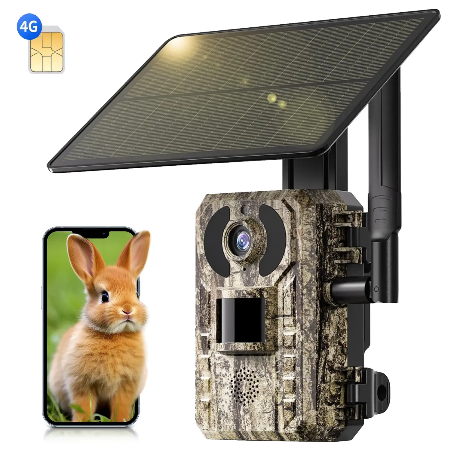 Wireless 4G-LTE Outdoor Hunting Trail Camera, Solar Powered Trail Camera, SIM Card Included, Remote Phone Access, Motion Activated,Low Light Night Vision,For Hunting,Ranching,Security Monitoring,Camouflage Hiding