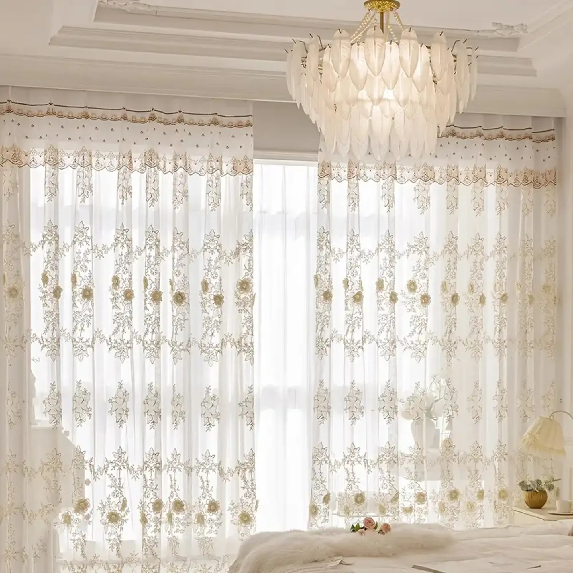 1pc Luxury European Embroidered Floral Lace, Beaded Tiebacks Included, Perfect for Bedroom & Living Room, Eyelet Design, Home Decoration Curtain, Window Curtains