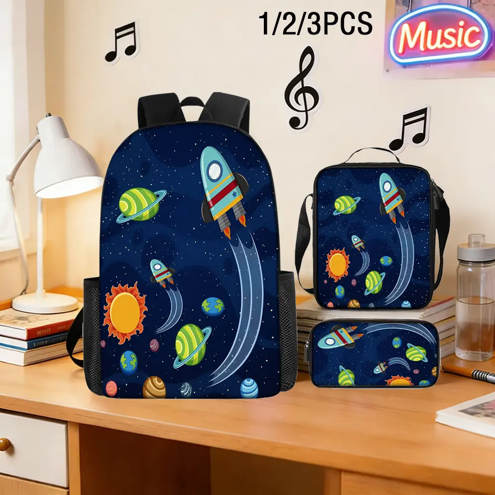 Space Theme 3-in-1 Kids Backpack Set, 600D Oxford Cloth Durable Bag with 15-inch Laptop Capacity, Insulated Lunch Box, Pencil Case, Adjustable Breathable Straps, Elastic Band, Top Handle for School Travel, 3-In-1 Set, Character-Themed Backpacks