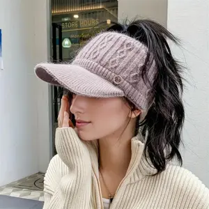 2025 Autumn and Winter Women's Warm Knitted Ponytail Sunshade Hat - Knitted Material Thick Warm Earcup Baseball Hat with Adjustable Shoulder Straps