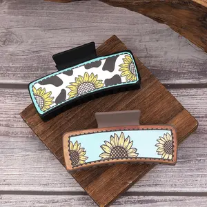 Western Cowboy Style Sunflower Cow Pattern Leather Women's Hair Clip Claw Clip Shark Clip Hair Accessory Clip