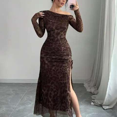 Elegant Tie-Dye Gradient Ruched Mesh Leopard Asymmetrical Neck High Slit Dress, Bodycon Party Dress, Women's Fashion Set, Slim-Fitting, All Seasons