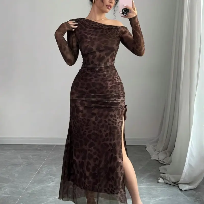 Elegant Tie-Dye Gradient Ruched Mesh Leopard Asymmetrical Neck High Slit Dress, Bodycon Party Dress, Women's Fashion Set, Slim-Fitting, All Seasons