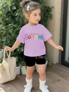Colorful Summer Letter Casual Baby Girls Outfit, Digital Printed 100% Polyester Infant Short-Sleeve Set. Cute casual clothing for baby girls, suitable for daily wear and outdoor sports. An ideal gift for little infants.