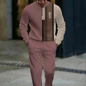 Men's 2-Piece Brown Coffee Contrast Casual Sportswear Sweatsuit Set, Half-Open Collar, Striped Splicing Design, Breathable Comfortable, Ideal for Daily & Weekend Casual Street Style Sports Suit Set