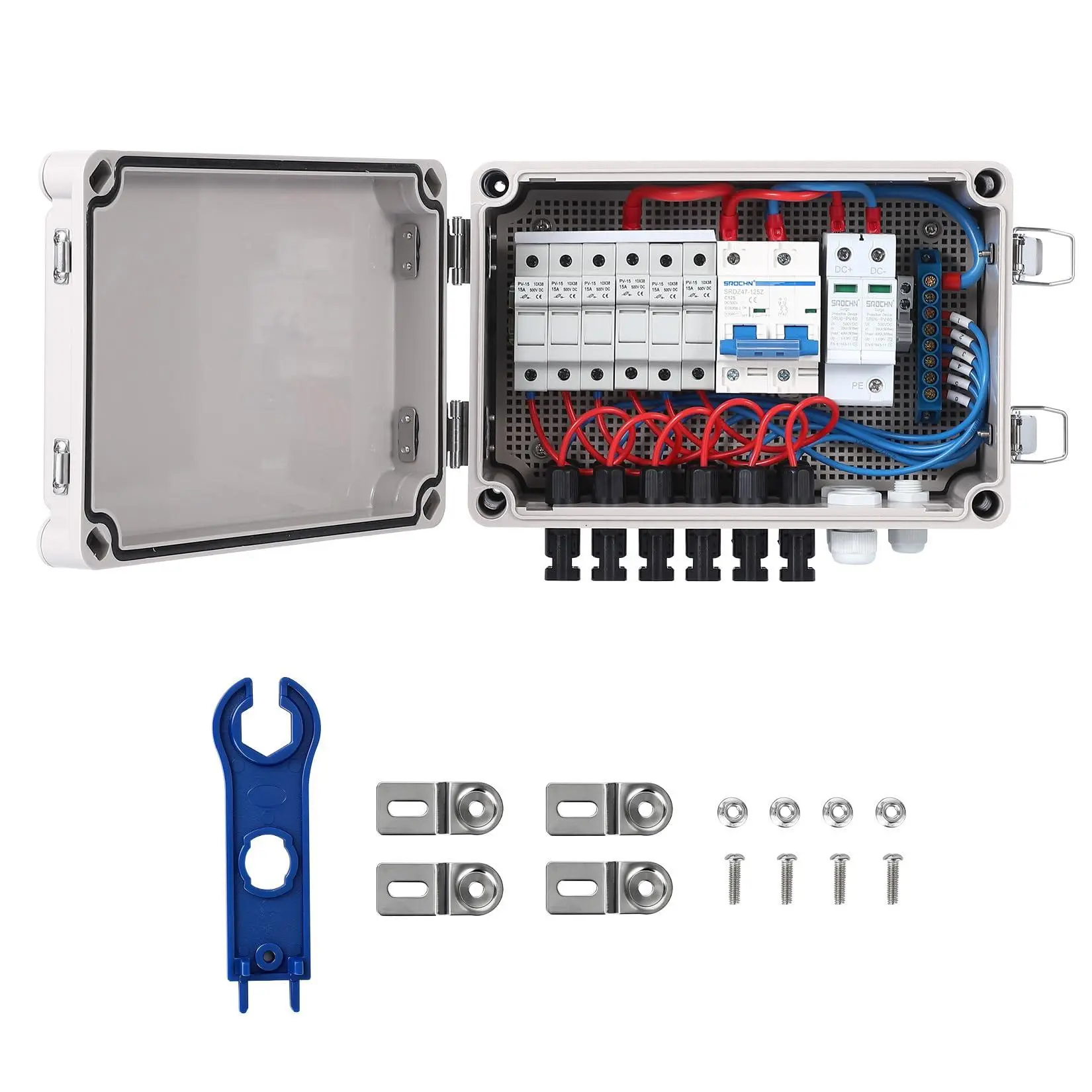 1pc 6 String PV Combiner Box, DC 500V 15A Fuse Solar Combiner Box, Plastic Waterproof Solar Panel Junction Box with 6 Input 1 Output for Off-Grid Solar Power System