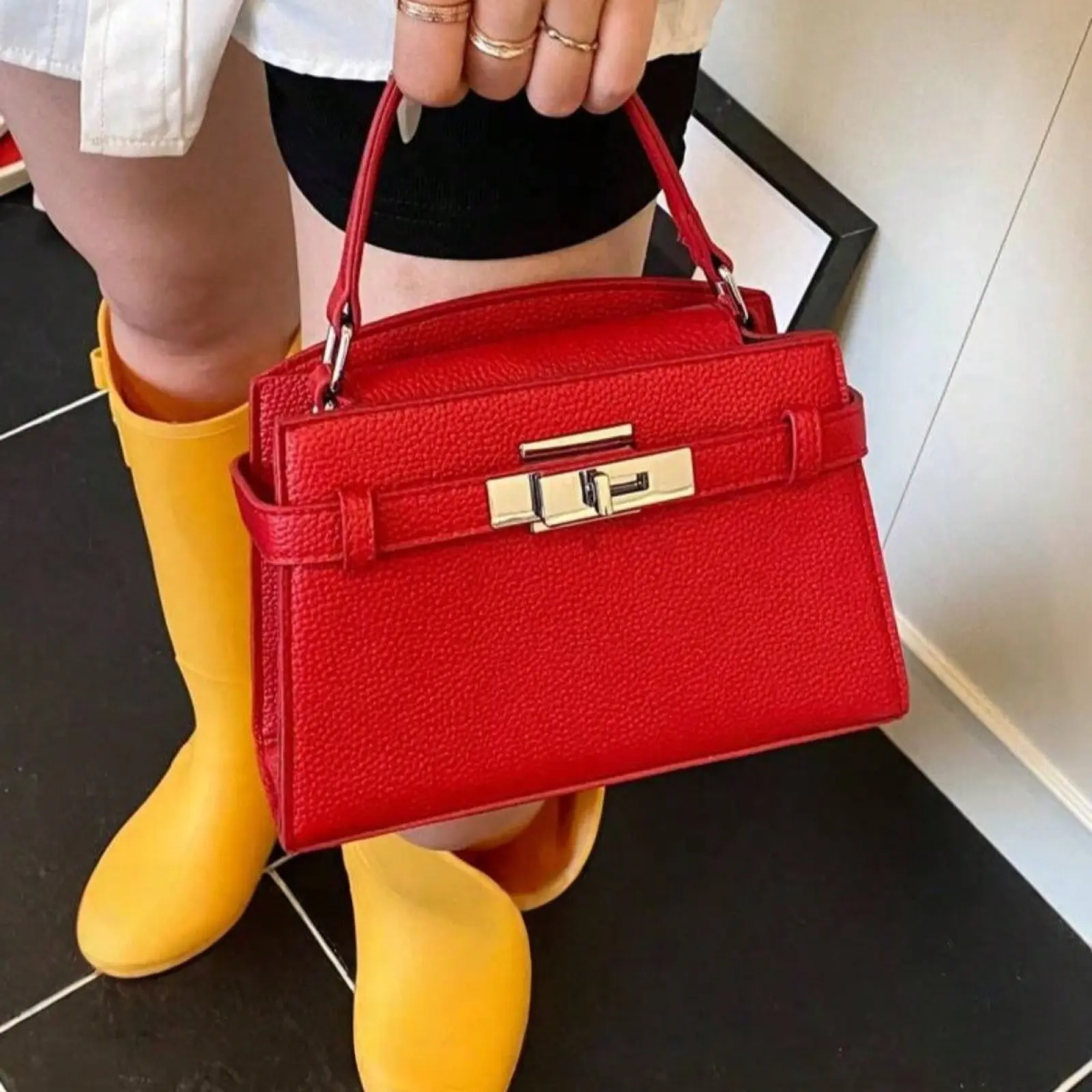 New Summer Litchi Texture Women's Handbag, Fashion Crossbody Bag with Adjustable Shoulder Strap, Minimalist Solid Color High-End Metal Decor Everyday Bag, Clutch Purse for Women