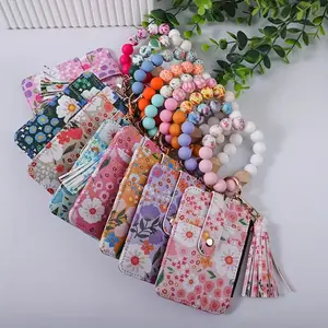 Sweet Floral-Print PU Coin Purse with Fold-Over Flap | Beaded Wristlet Keychain | ID & Card Holder | Silicone Wristlet with Floral Charm and Tassel | Gift for Friends or Mom