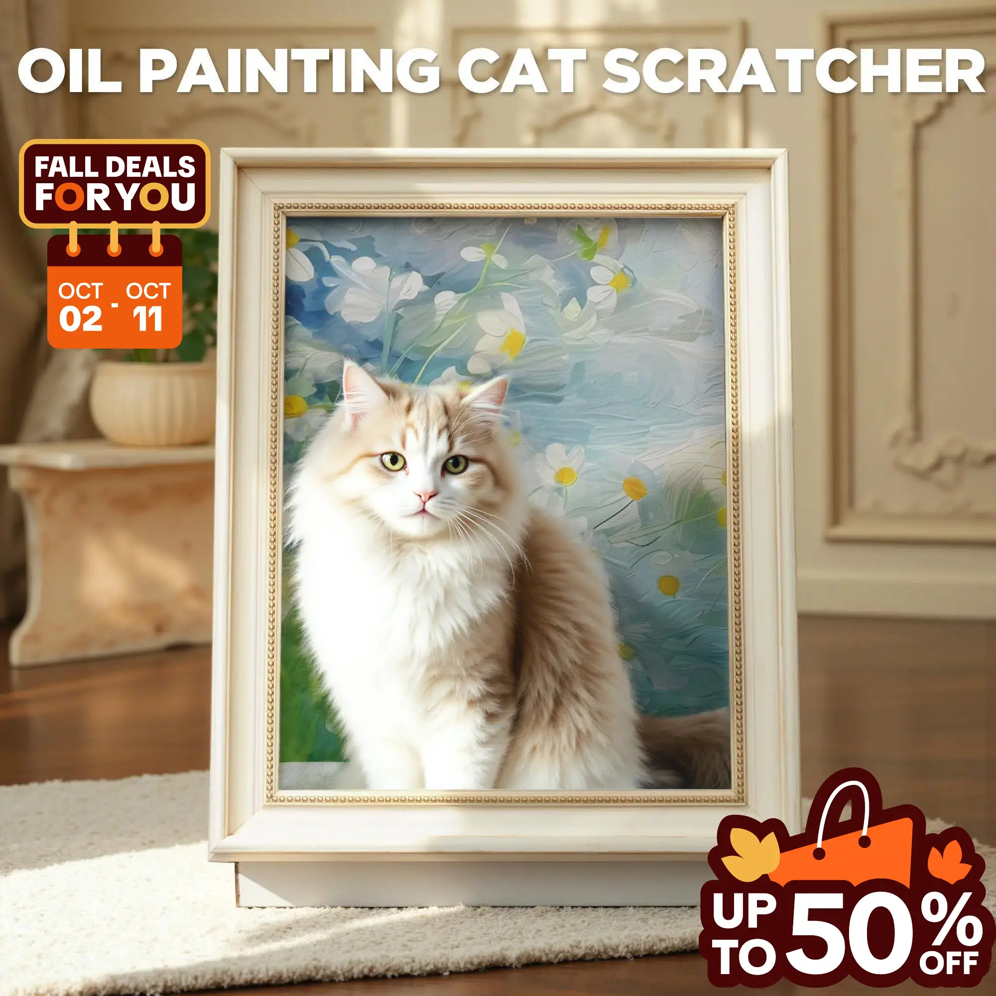 Warcat Oil Painting Cat Scratcher Board, Art 3D Cat Bed with Vintage Art Picture Frame, Durable Corrugated Cat House with Scratching Pad Kitty #TikTok