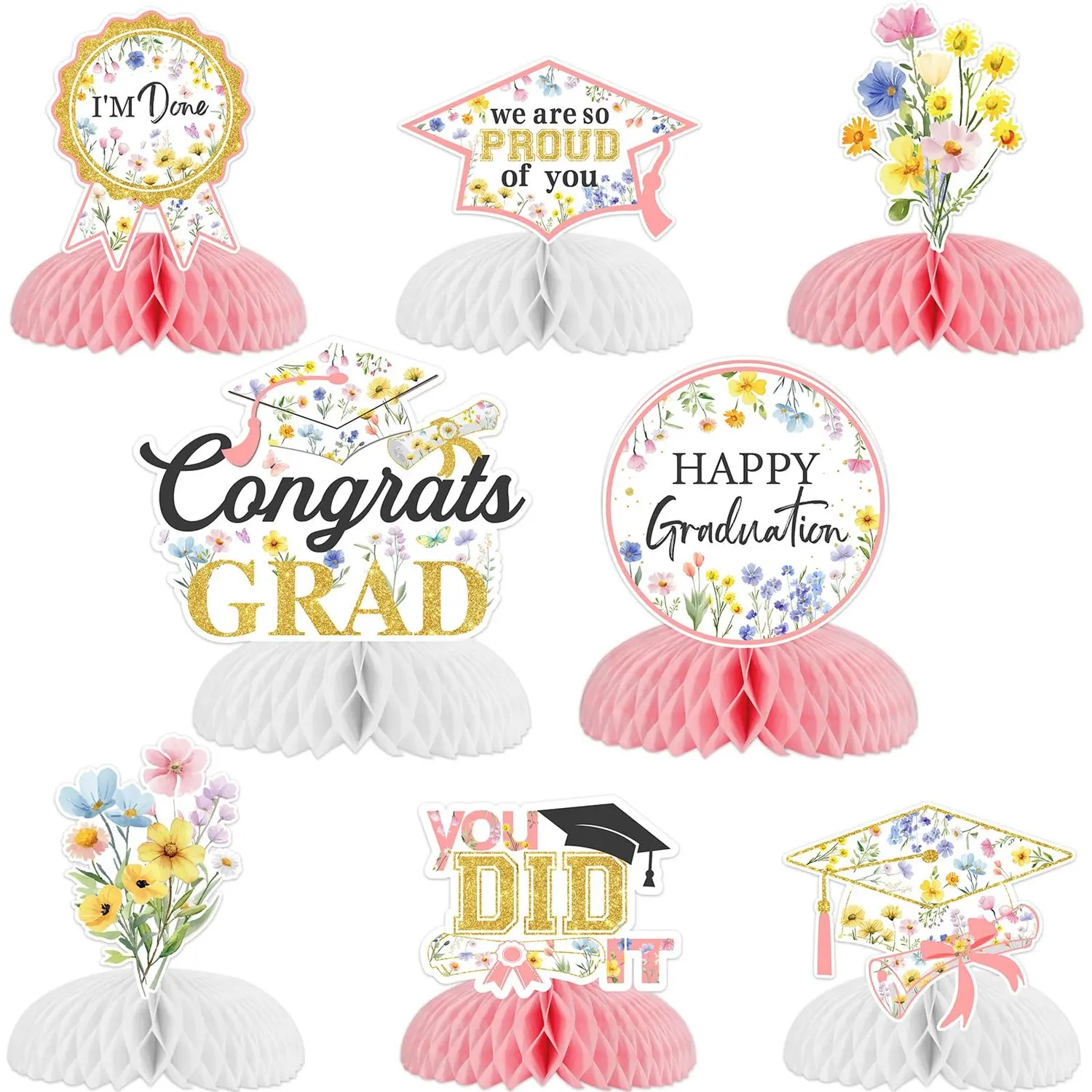 1Set Wildflower Graduation Decorations 20268PCS Wildflower Graduation Party Honeycomb Centerpieces Floral Graduation Party Table Decorations for Congrats Grad Class of 2026 Decorations