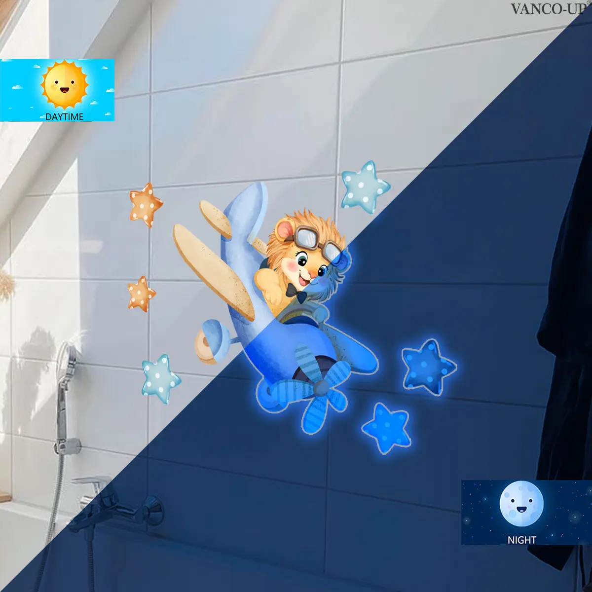 A (30*30cm) interesting flat blue light wall art stickers wall sticker featuring a lion and a star flying a plane, a luminous Glow in Dark wall sticker for home background wall decoration, YCL20088