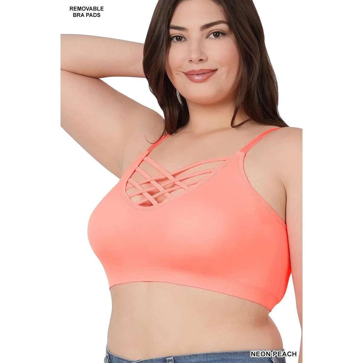 V-lattice Bralette with Removable Bra Pads, Neon Peach