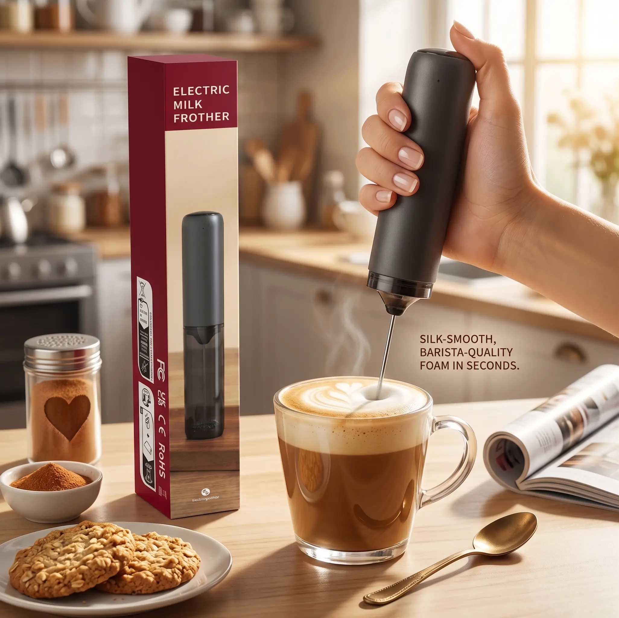 This rechargeable USB milk frother is a handheld electric milk frother with a stirrer. It can stir and froth beverages such as coffee, latte, matcha, and hot chocolate.