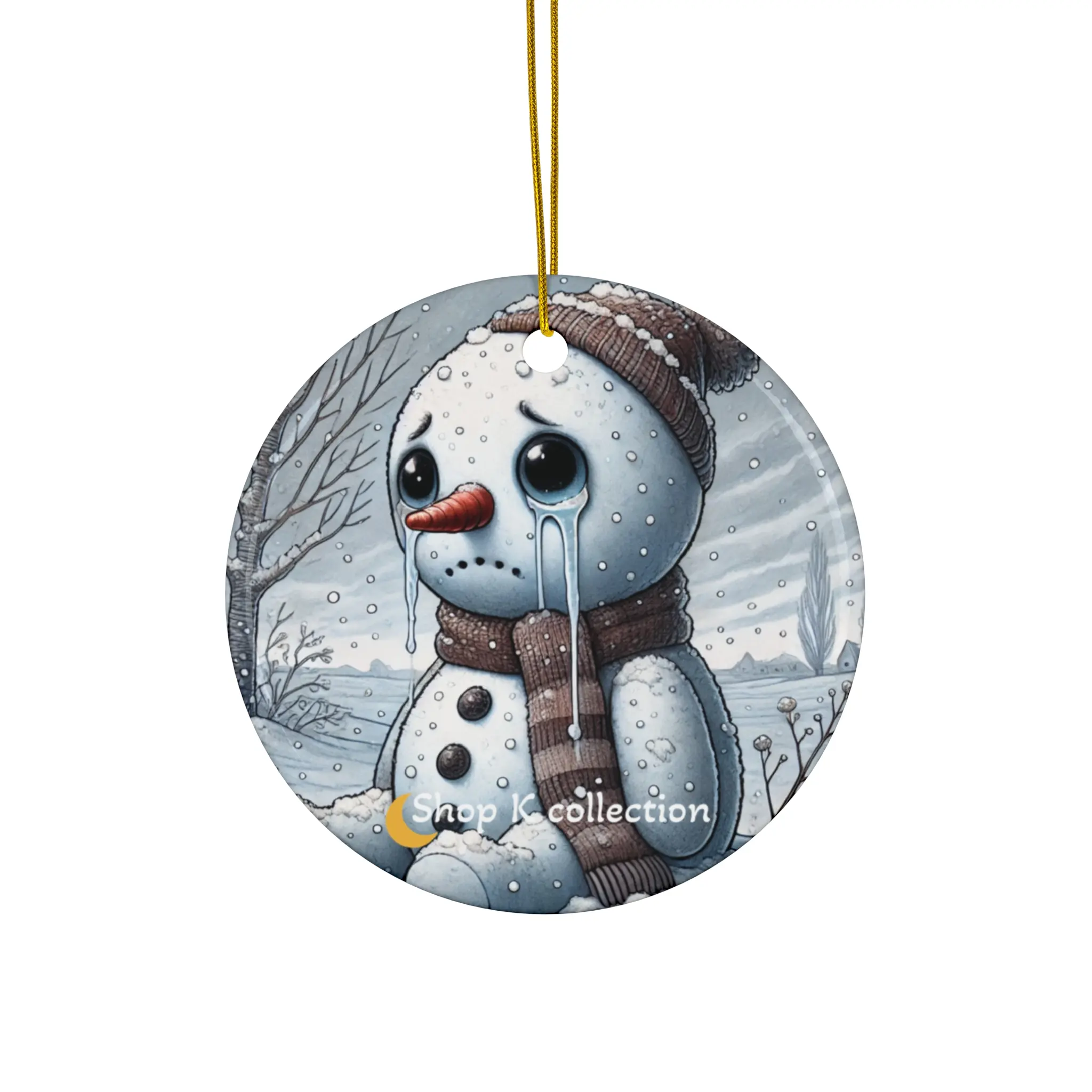 Crying Snowman Ceramic Ornament, Christmas Decor, Holiday Gift, Winter Wonderland, Unique Tree Decoration, Seasonal