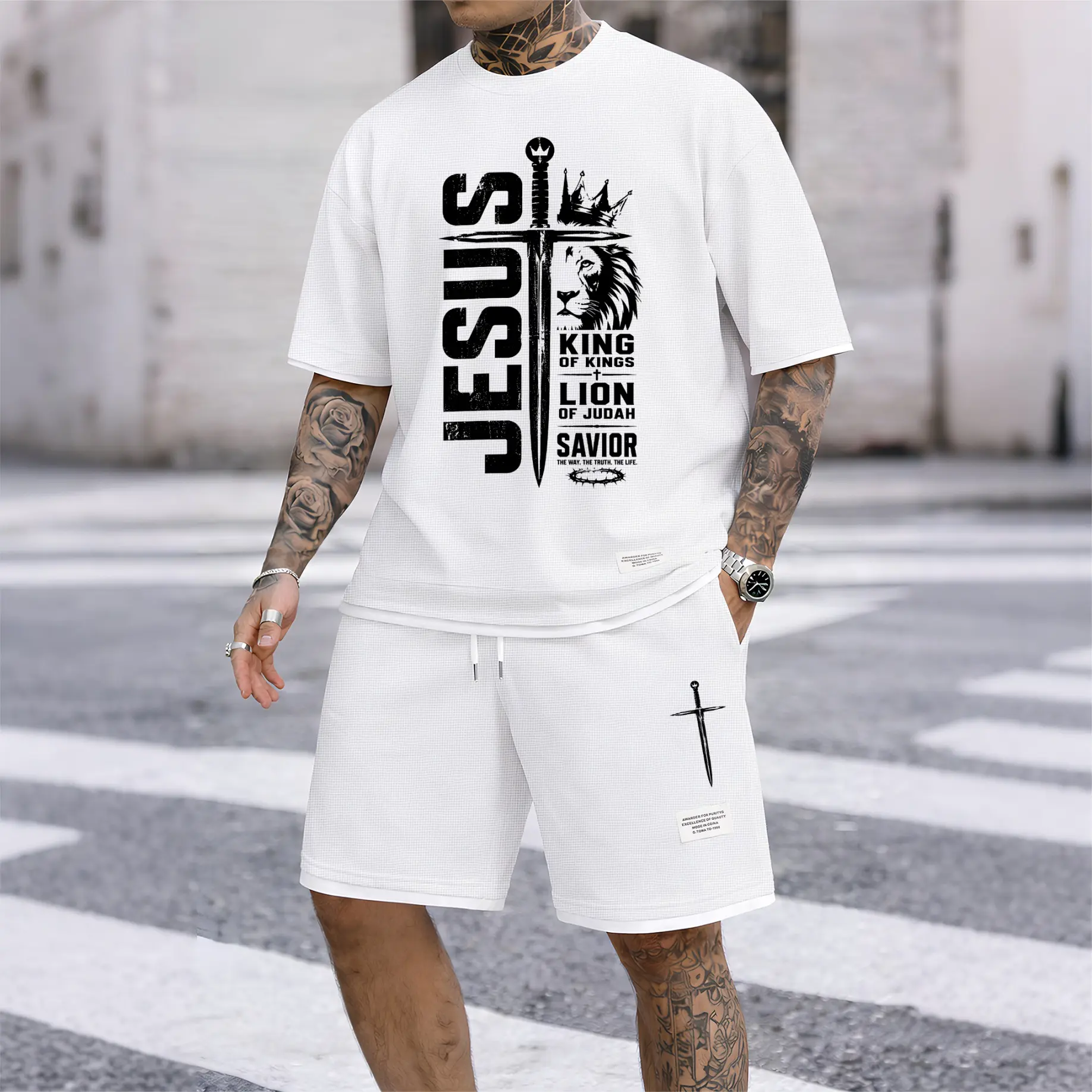 Men’s Jesus Lion Of Judah Graphic Waffle Knit Short Set, Casual Short-Sleeved Shirt And Drawstring Shorts Outfit, Modern Faithwear Two-Piece Set