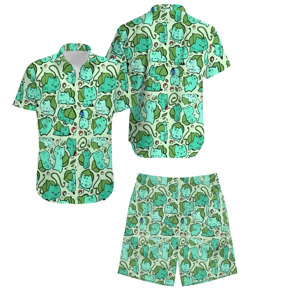 PKM Pocket Monsters Matching Hawaiian Shirt & Shorts Set, Cute Bulbasaur All Over Print Green Anime Summer Outfit, Perfect Gift for Him, Her