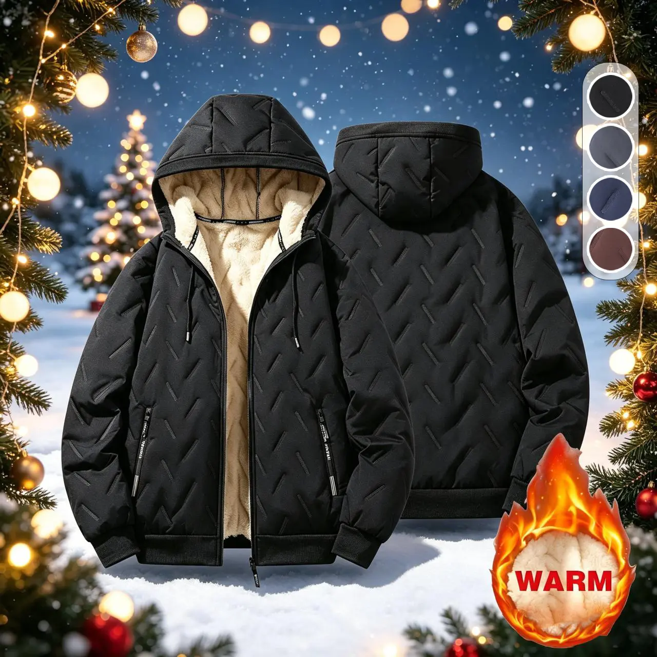 All Winter Thick Sherpa Fleece Attached Hood Quilted Jacket for Men, Full Zip Side Storage Zipper Pockets Ribbed Cuffs & Hem, Thermal Wind Coat for Shopping Outdoor Training
