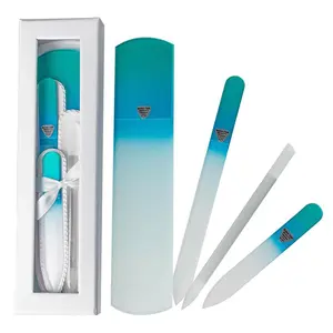 Bona Fide Beauty Handmade Czech Glass Manicure Pedicure Gift Set for Women, 4PC Gift Set in Blue with Glass Foot File, Cuticle Pusher, Mini File and Regular Nail Filer